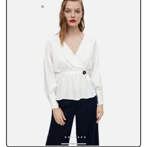 ZARA WOMAN White Puff Sleeve BLOUSE Top Elastic Waist Peplum 1165/157 SMALL